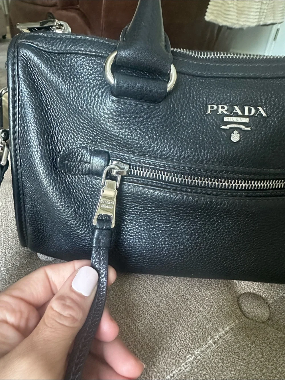 Prada Black Pebbled Leather Messenger Bag with Silver-Tone Hardware